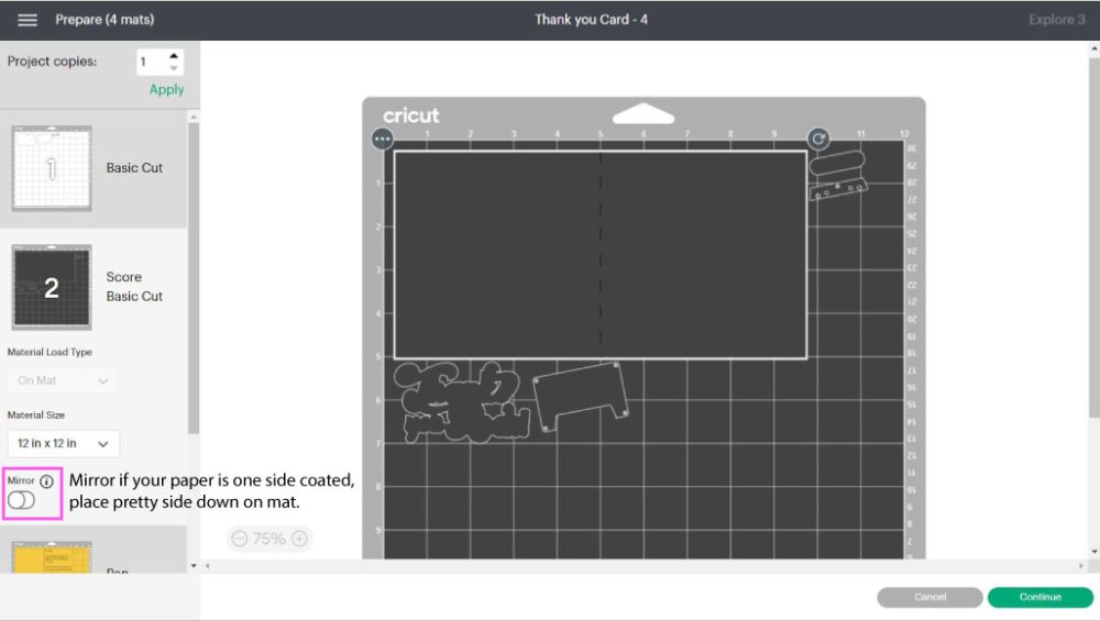 when to turn mirror on in design space to make a card