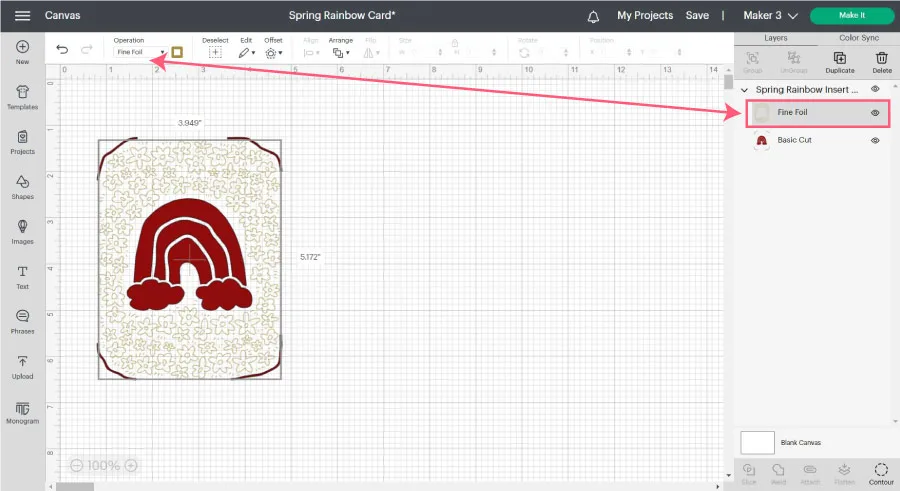 insert card in design space. Changing operation to pen.