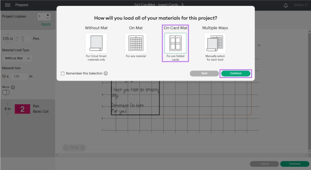 choosing to cut on card mat in design space