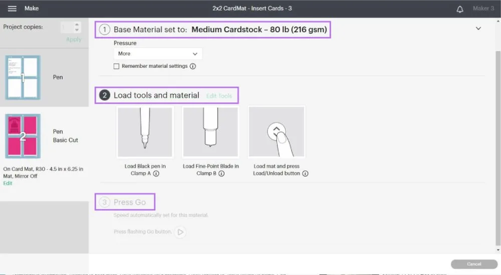 materials and tool selection for insert card