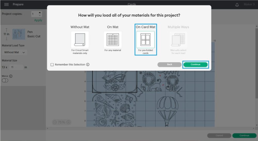 telling cricut to load materials on card mat