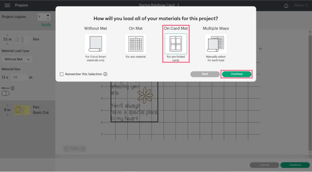 selectin "On Card Mat" to load materials in design space.