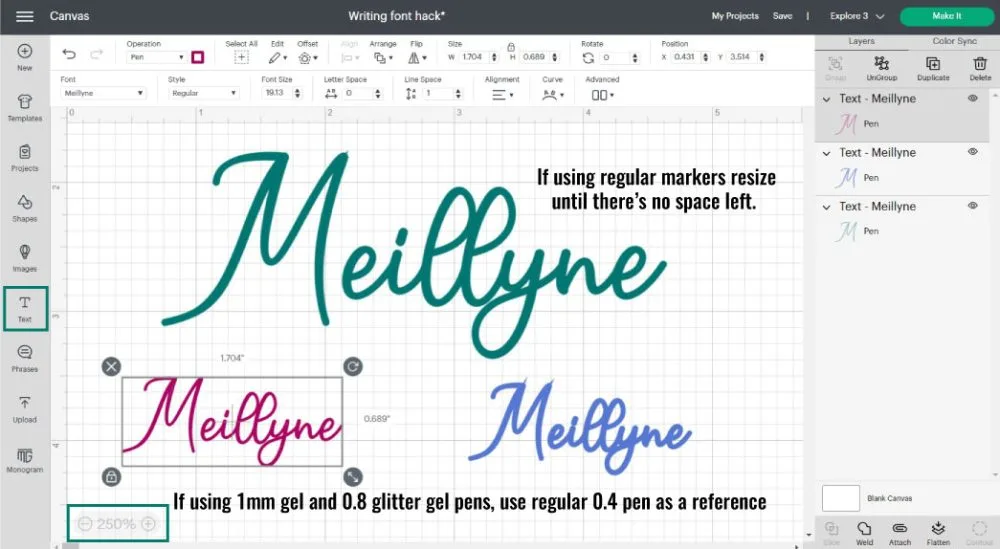 using a regular font as writing font in Cricut Design Space.