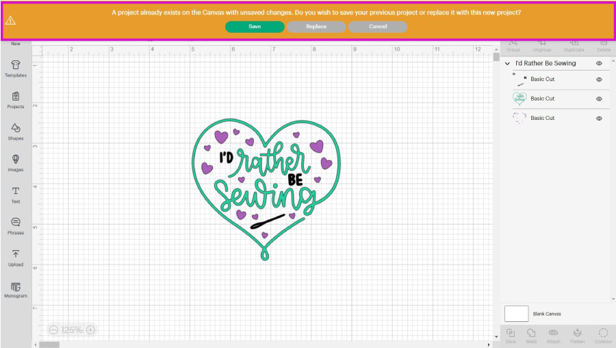 Replace and Save Warning Cricut Design Space Desktop