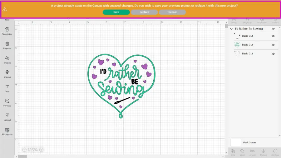 Replace and Save Warning Cricut Design Space Desktop
