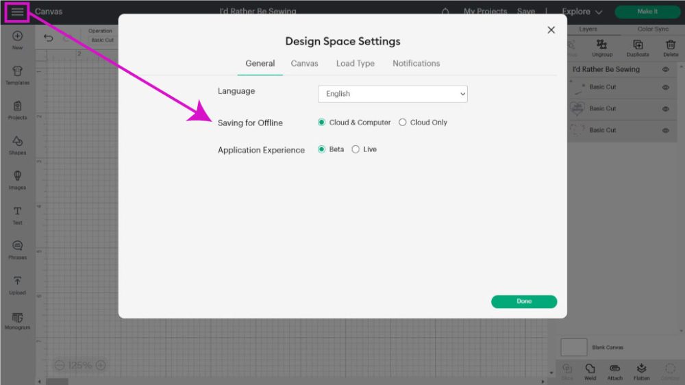 changing saving settings in cricut design space