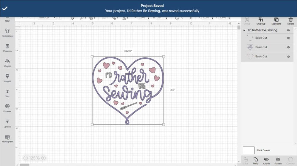 Project Saved Confirmation in Cricut Design Space Desktop 