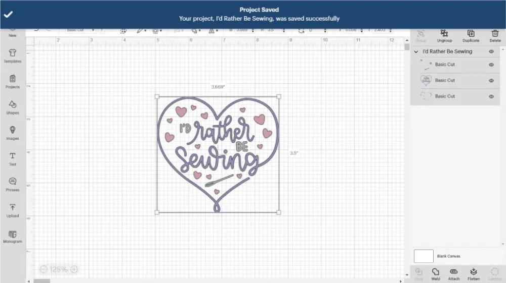 Project Saved Confirmation in Cricut Design Space Desktop 