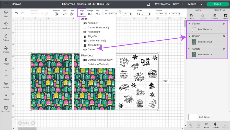 aligning stickers and background in design space