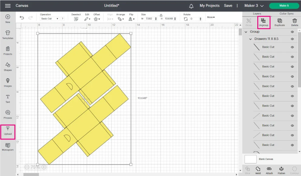 uploading drawer for advent calendar in design space