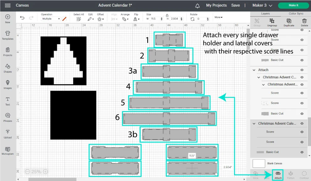 attaching score lines to drawer holders in design space.