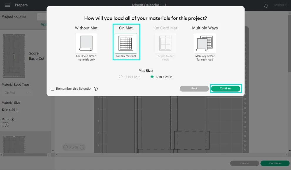 choosing "on mat" to load materials on cricut