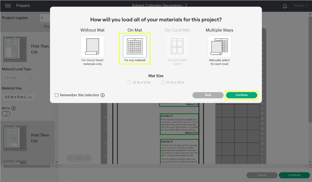 selecting "on mat" to load materials in design space