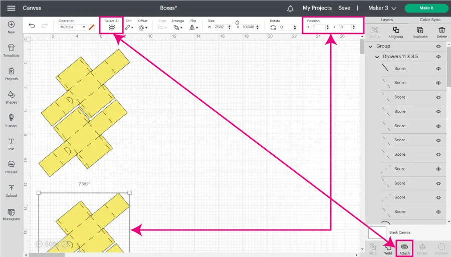 attaching boxes in design space