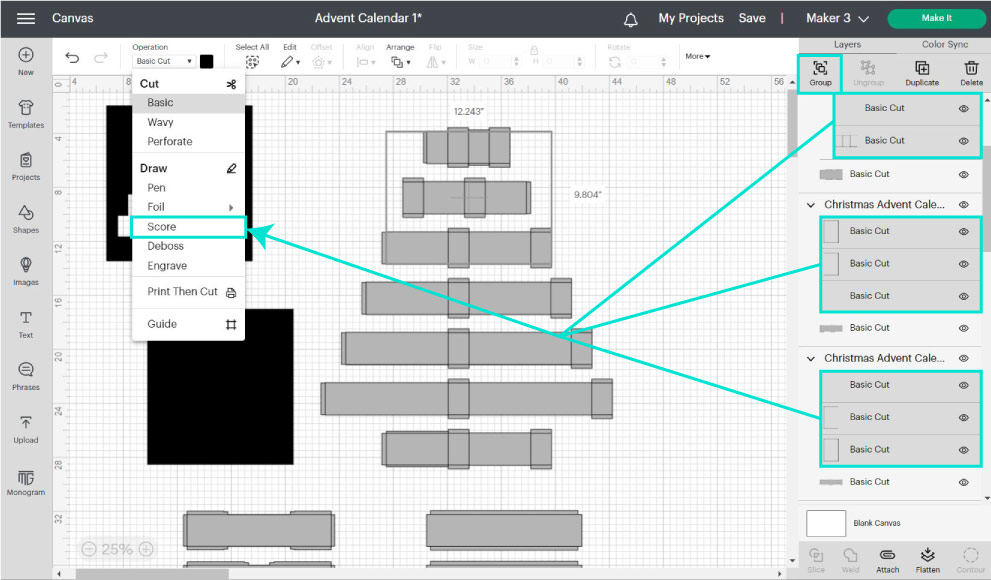 changing cut lines to score in design space