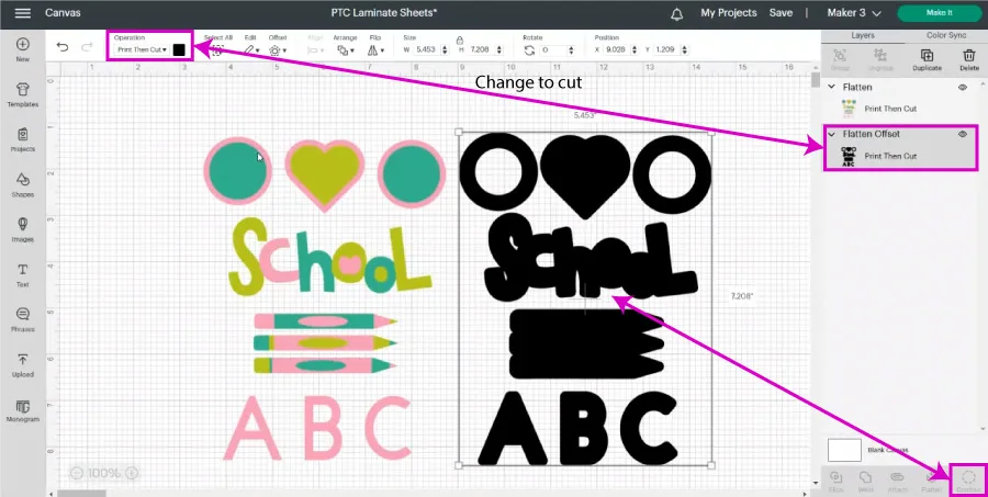 changing operation of offset layer in cricut design space.