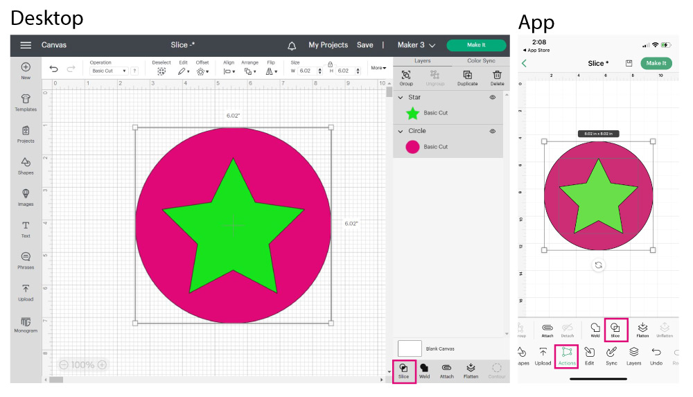 slice tool on desktop and cricut app.