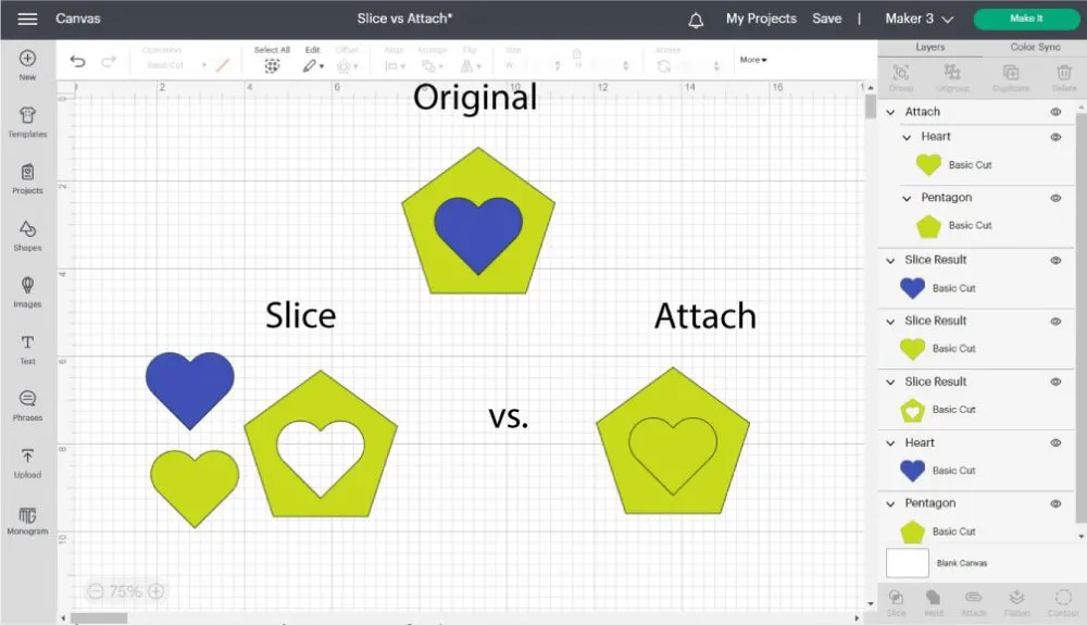 slice vs attach in cricut design space.