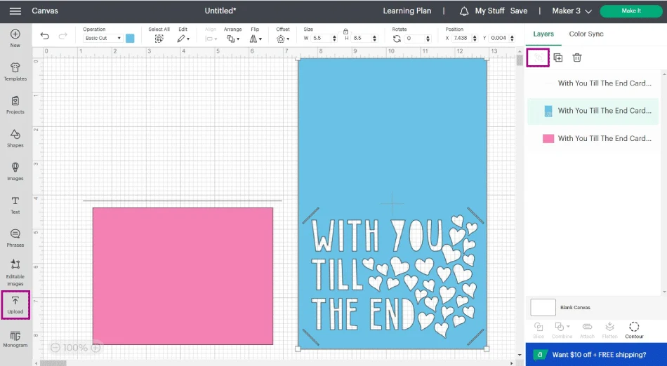 uploading corner cut card to cricut design space