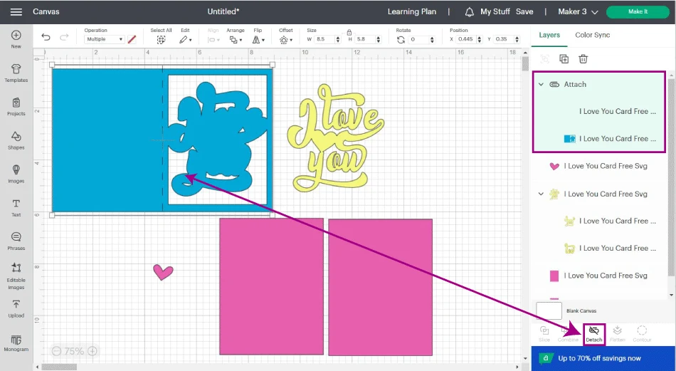 attaching fold line to card in design space.