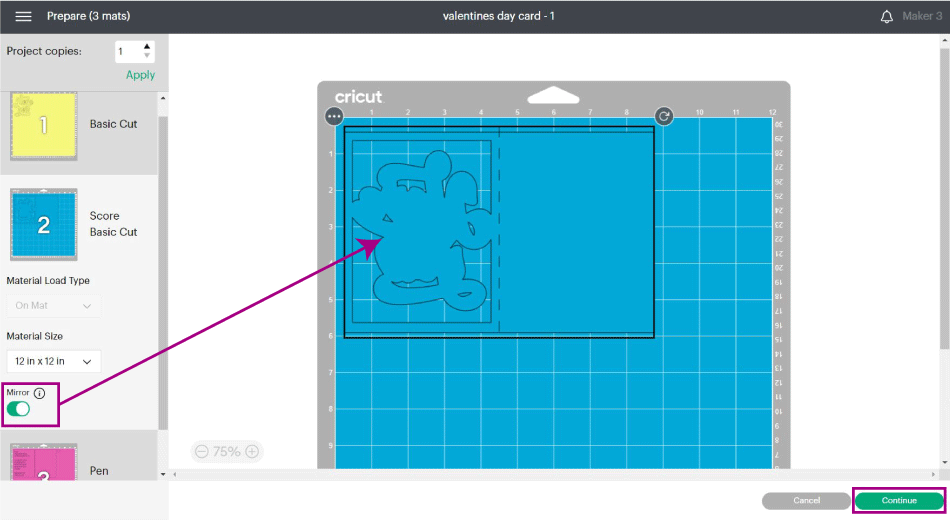 turning on mirror in design space for scoring.