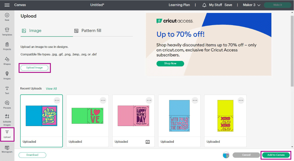 upload valentines day card to cricut design space
