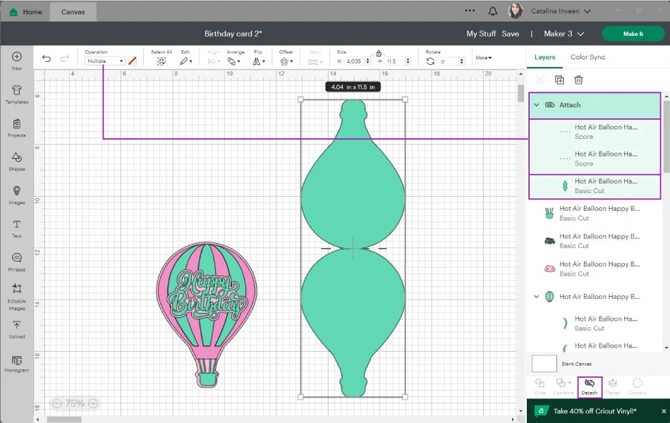 attaching score lines to birthday card in design space.