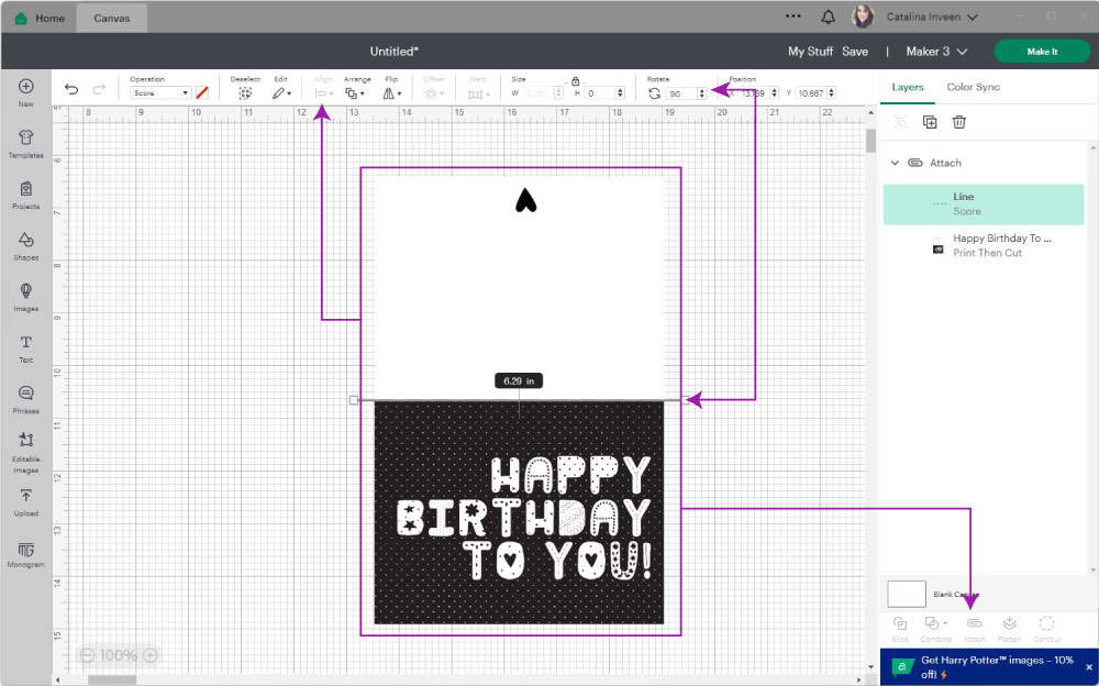 rotating an aligning score line to print then cut card.