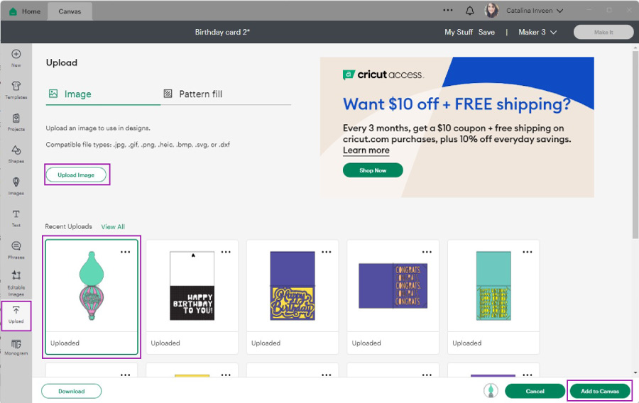 upload birthday card to cricut design space
