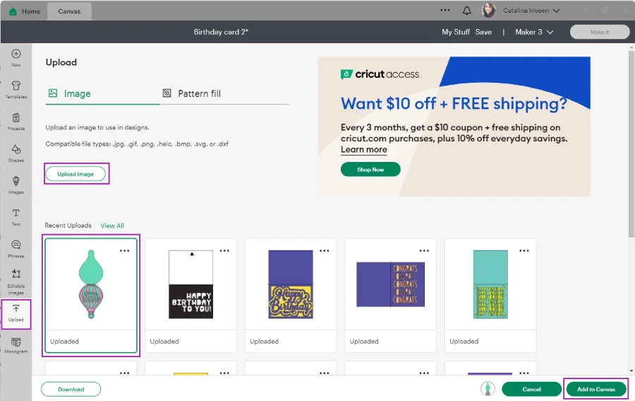 upload birthday card to cricut design space
