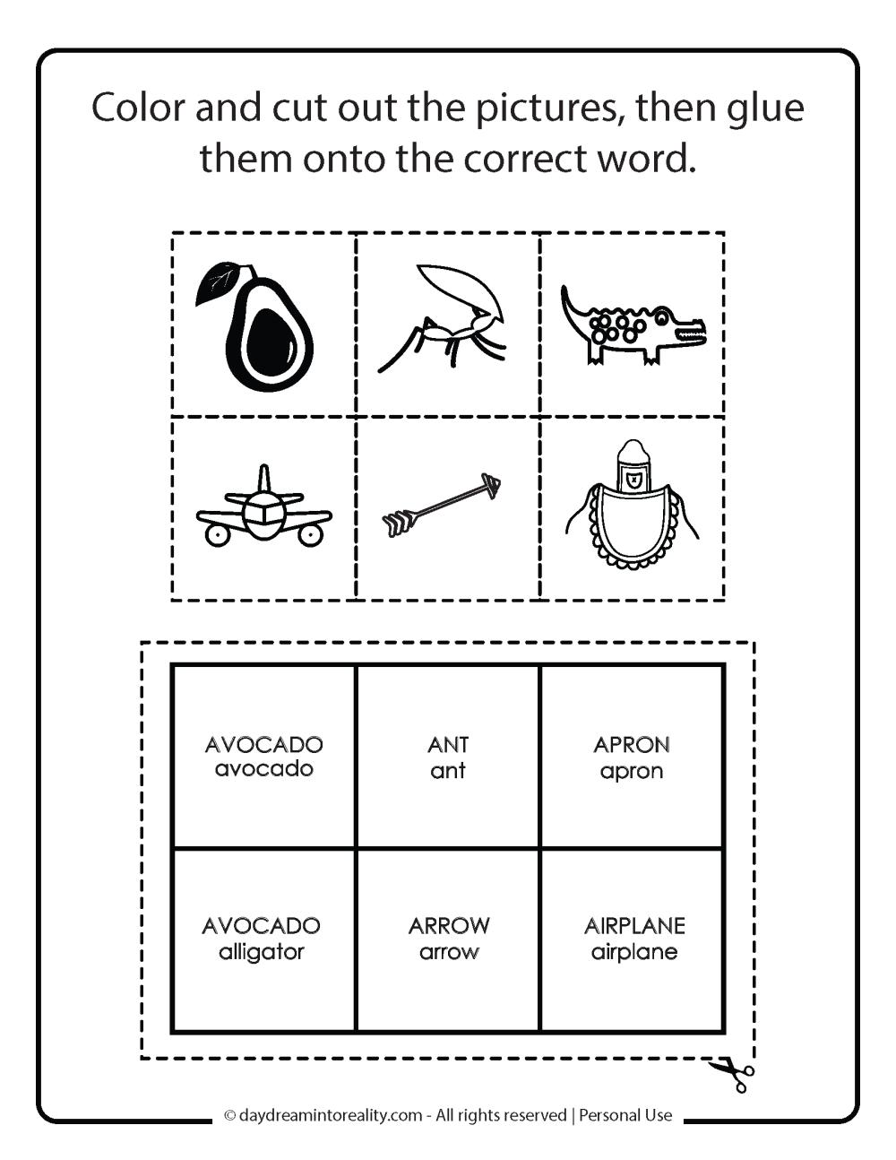 color, cut words that start with a on the right word. Memory game letter A free printable