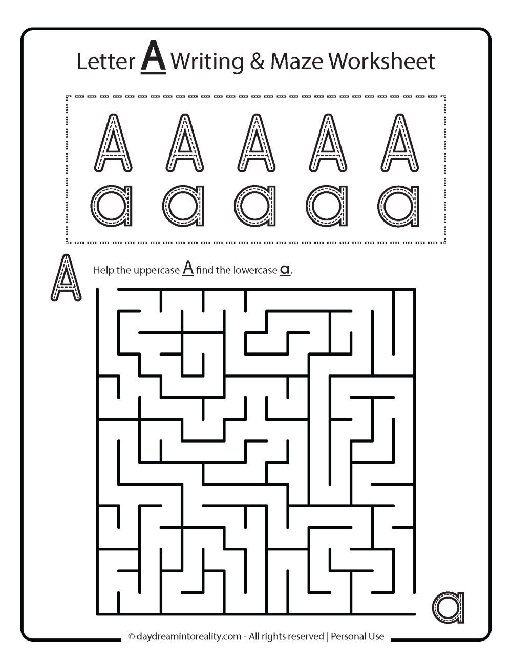 Letter A writing and maze