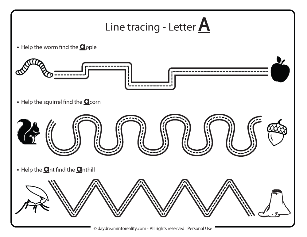 line tracing letter a worksheet free printable.