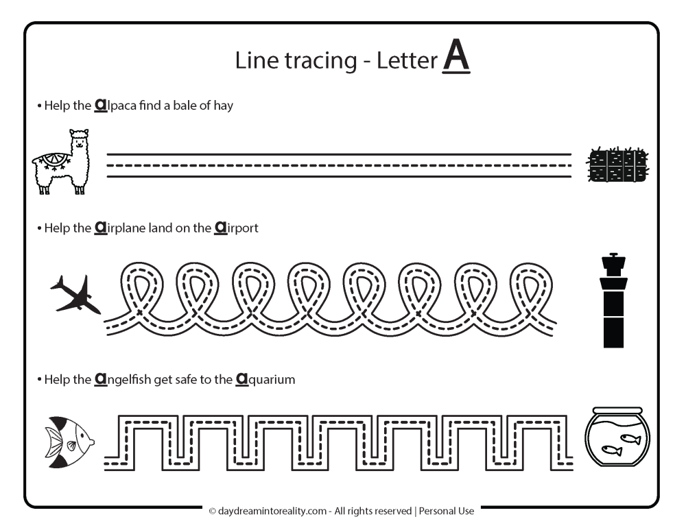 line tracing letter a worksheet free printable.