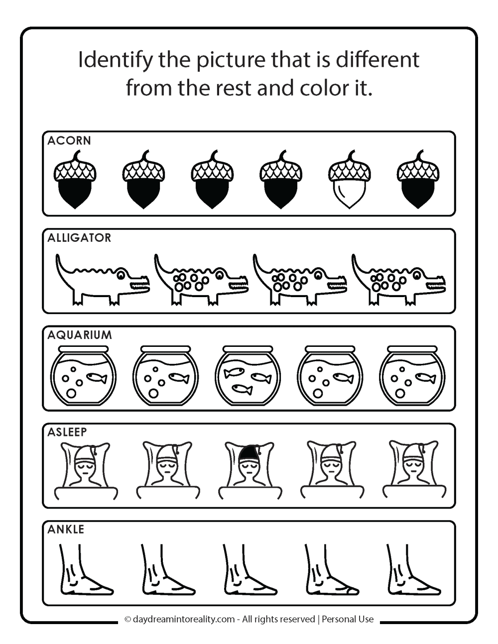 Identify different image that starts with a worksheet free printable