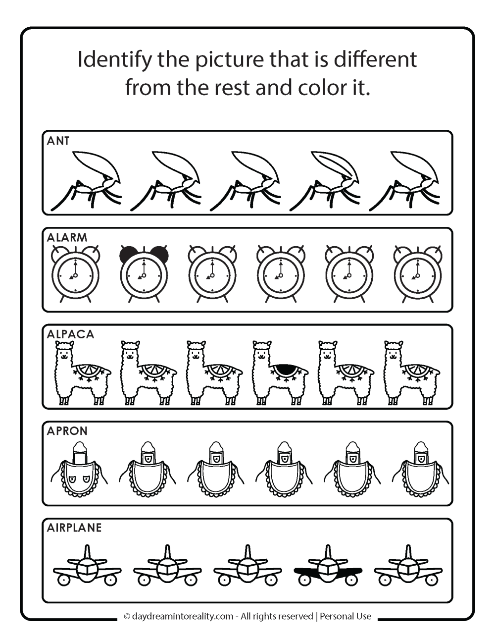 Identify different image that starts with a worksheet free printable