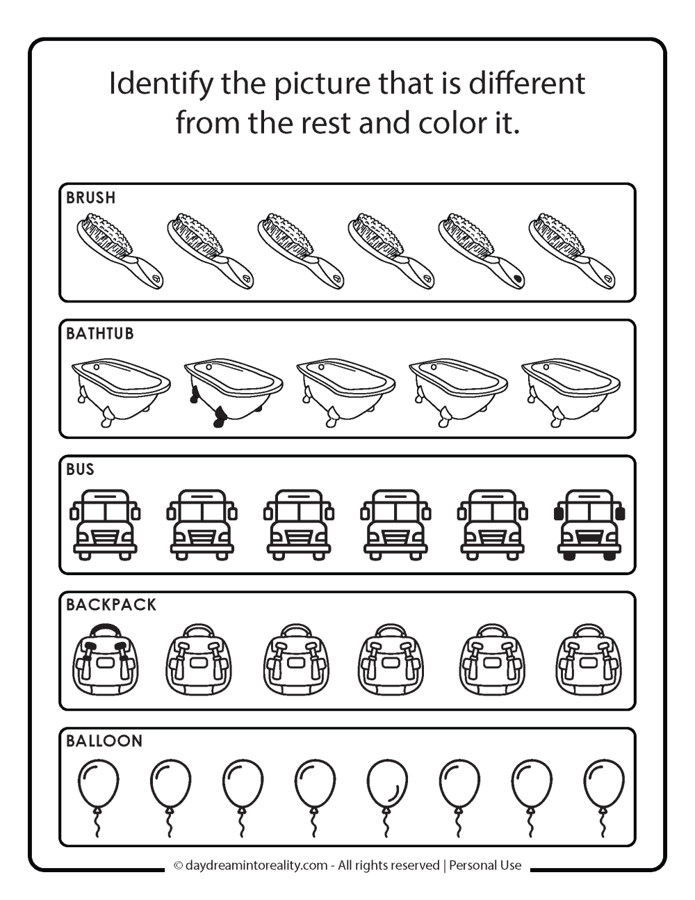 Identify different image that starts with b worksheet free printable