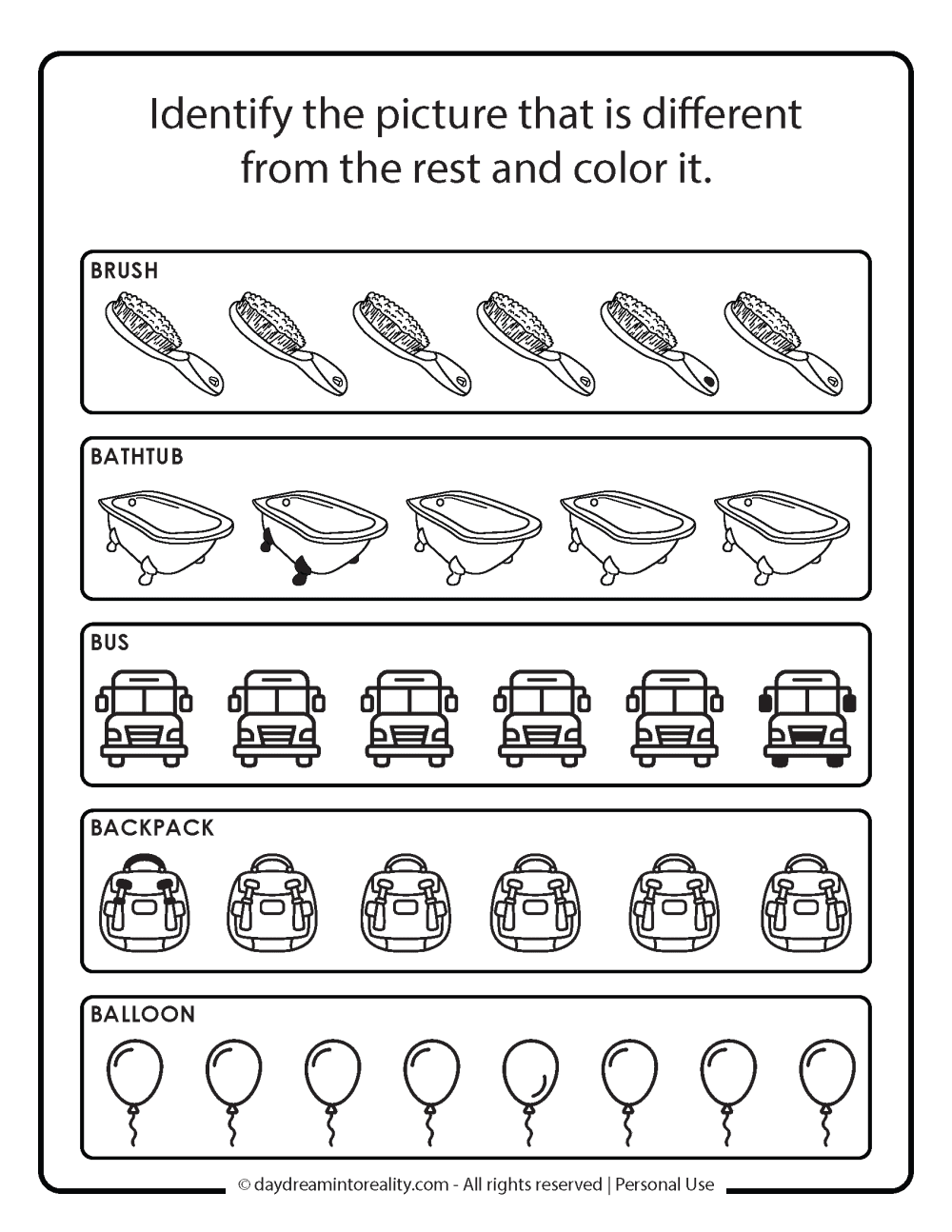 Identify different image that starts with b worksheet free printable