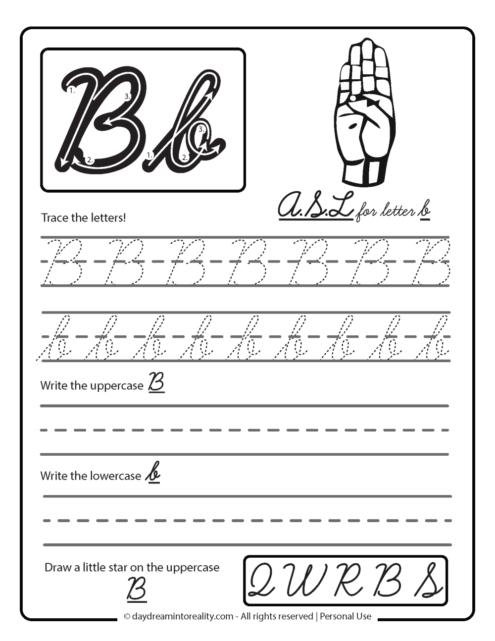 asl cursive letter b free printable