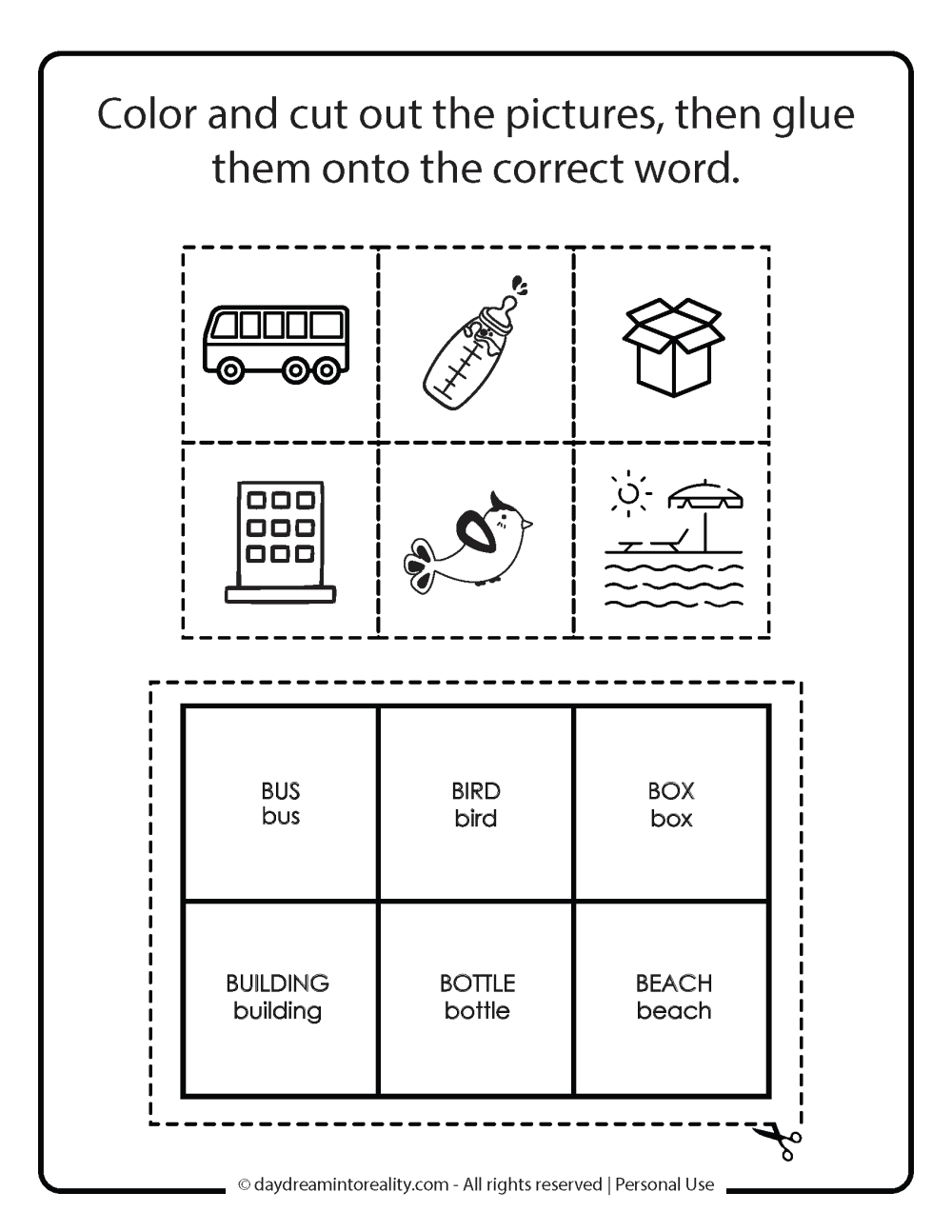 color, cut words that start with a on the right word. Memory game letter B free printable