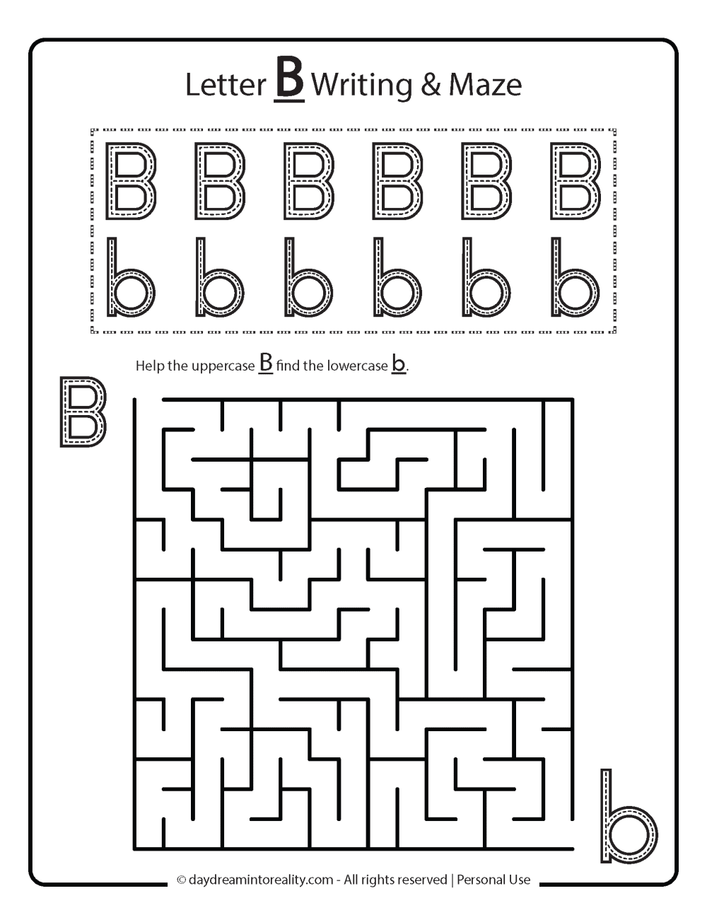 writing letter b and maze free printable