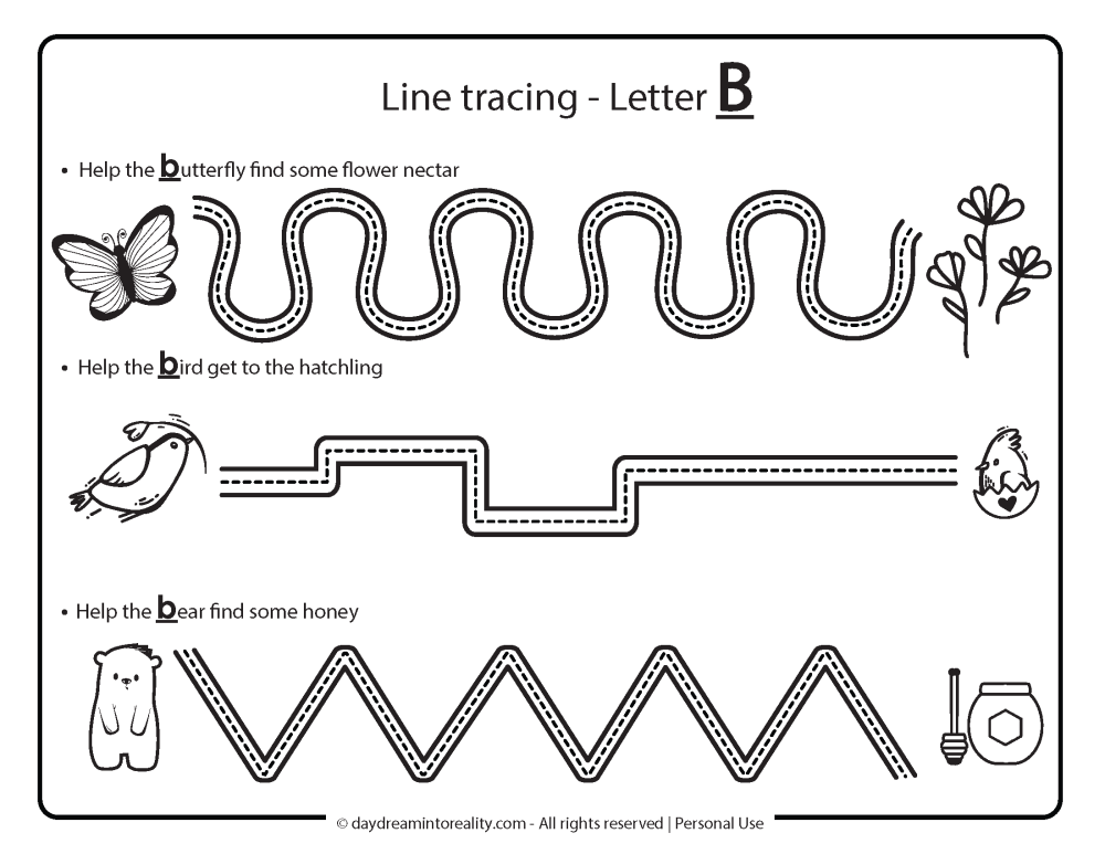 line tracing letter b free printable