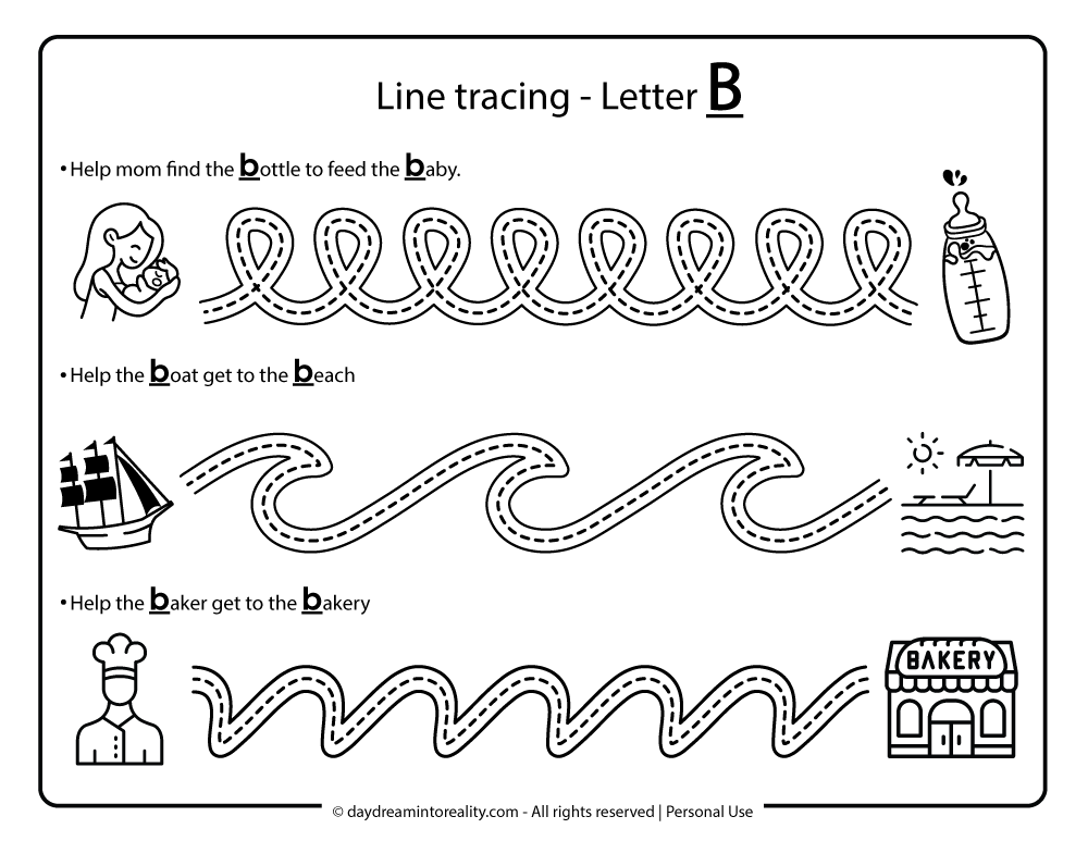 line tracing letter b free printable