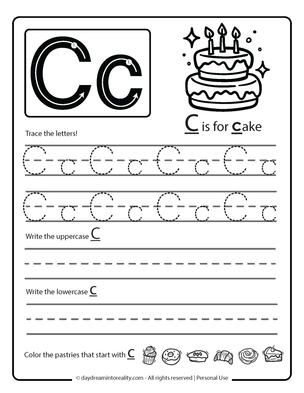 Letter C worksheet free printable - c is for cake