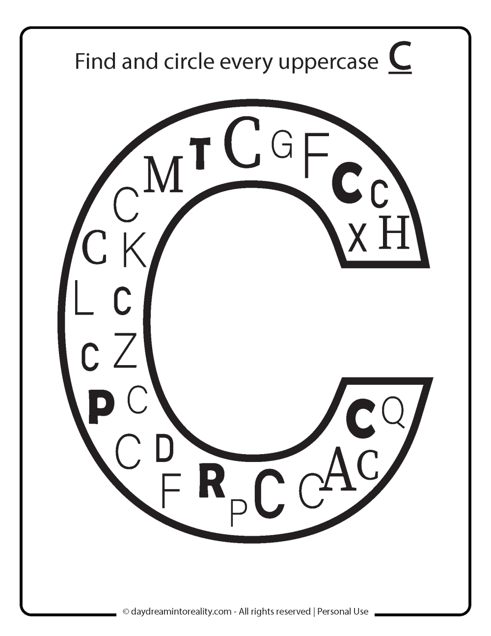 Identify uppercase C worksheet free printable 