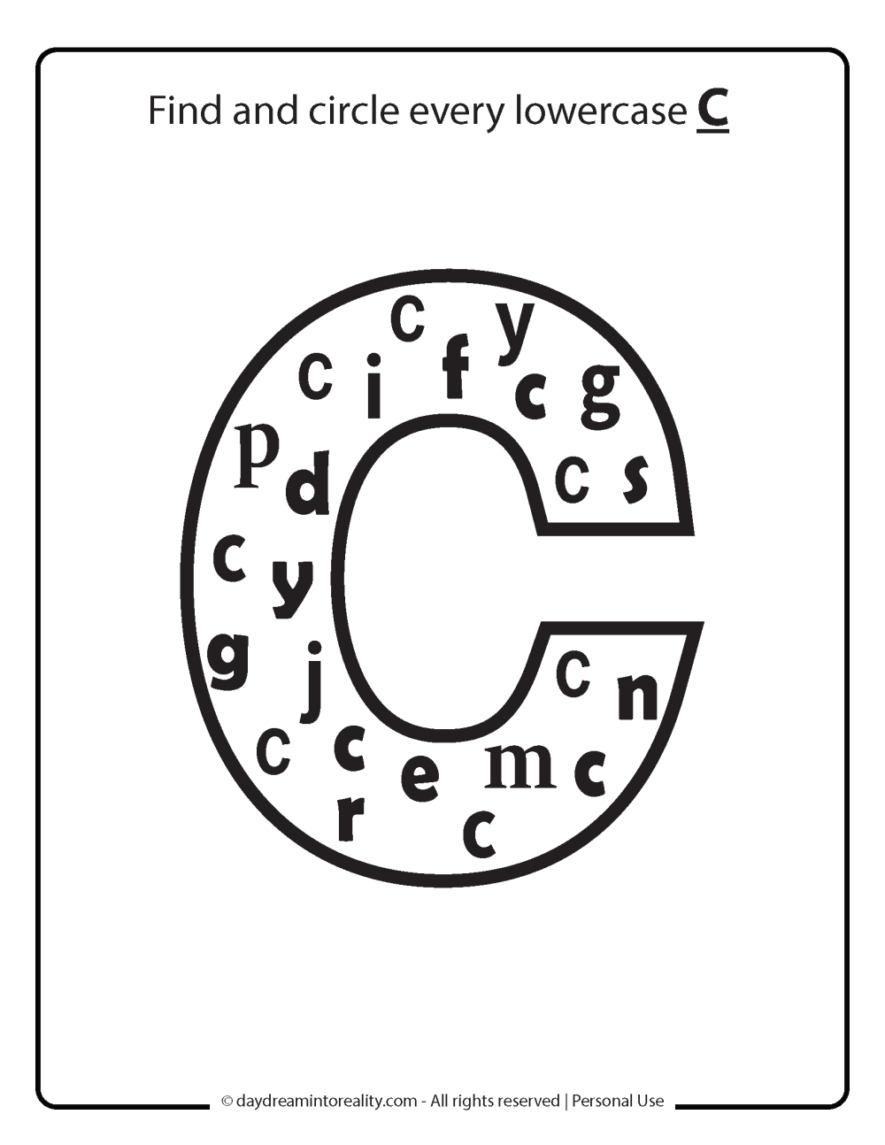 Identify lowercase C worksheet free printable