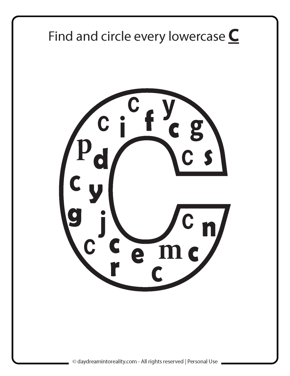 Identify lowercase C worksheet free printable