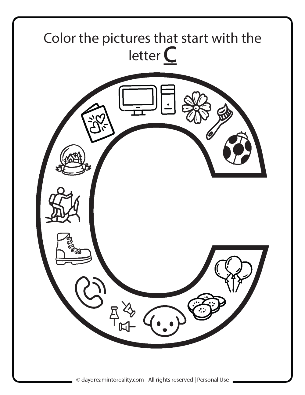 Color pictures that start with the Letter C worksheet free printable