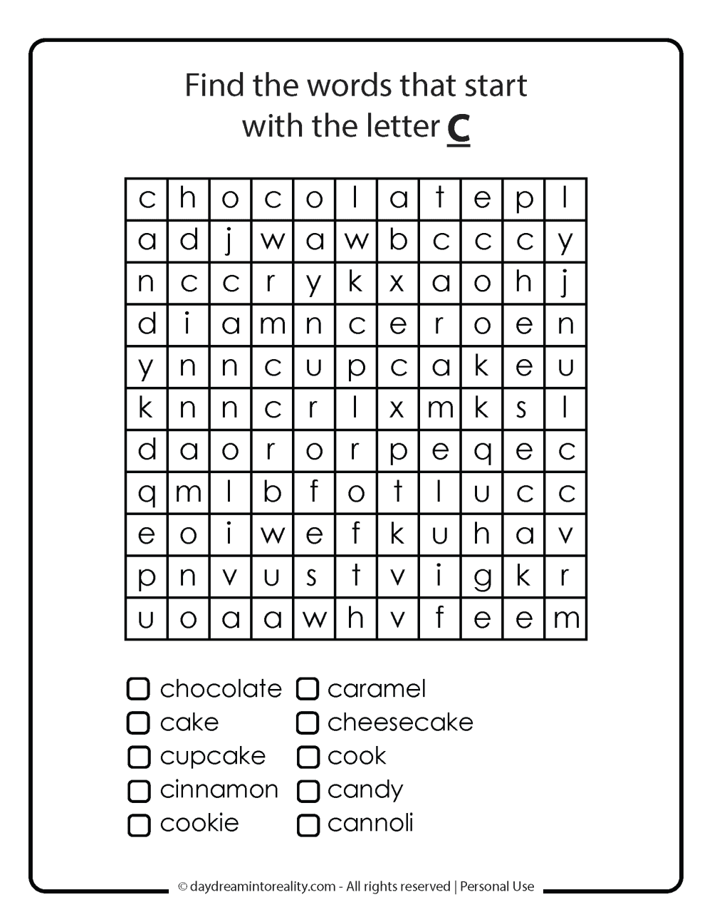 Letter C word search free printable