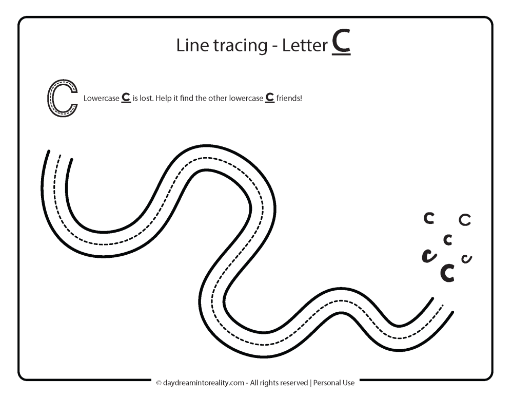 Letter C line trace free printable worksheet